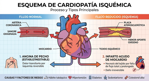 Esquema de cardiopatía isquémica: flujo normal vs reducido